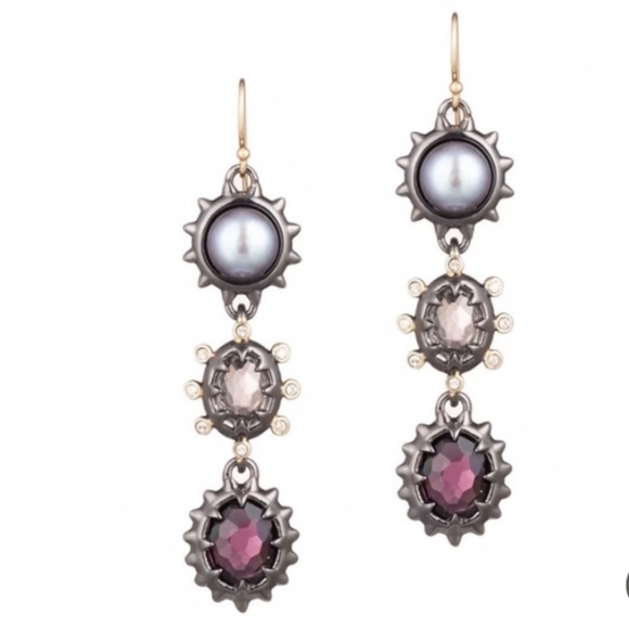 ALEXIS BITTAR • NEW Gold Gunmetal Pearl Stone 3 Stone Drop Spiked Earrings - Picture 2 of 11
